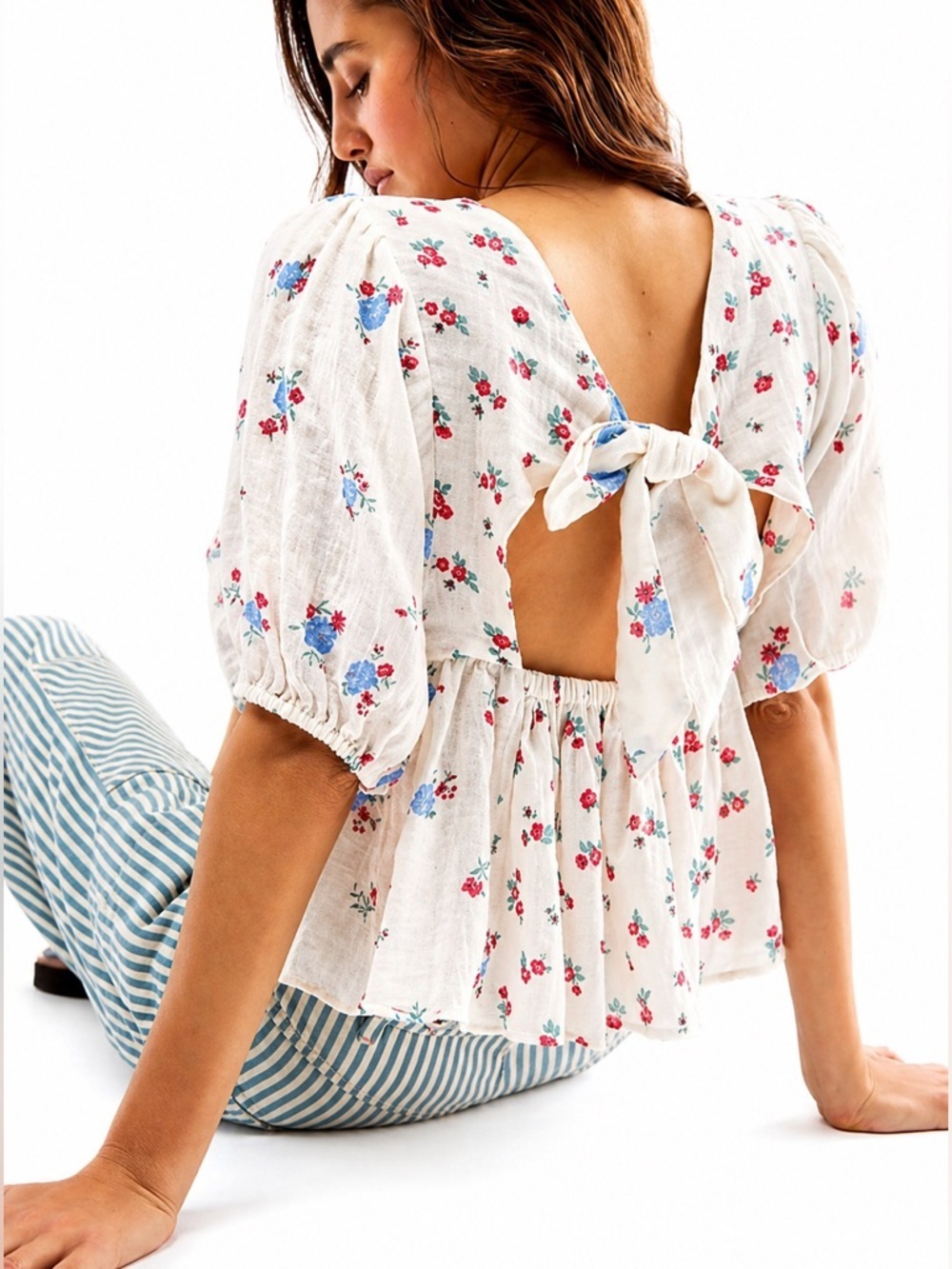 Free People Chloe Floral Tie Back Peplum Top L NWT